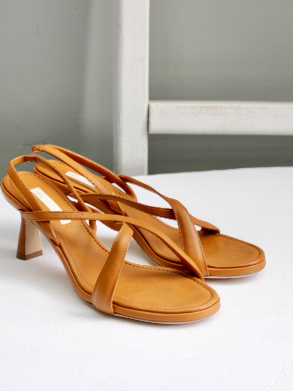 Neil J. Rodgers Yin Cognac Tan Leather Slingback Heeled Sandals Size 39 / 8.5 US